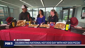 Celebrating National Hot Dog Day with hot dog pizza