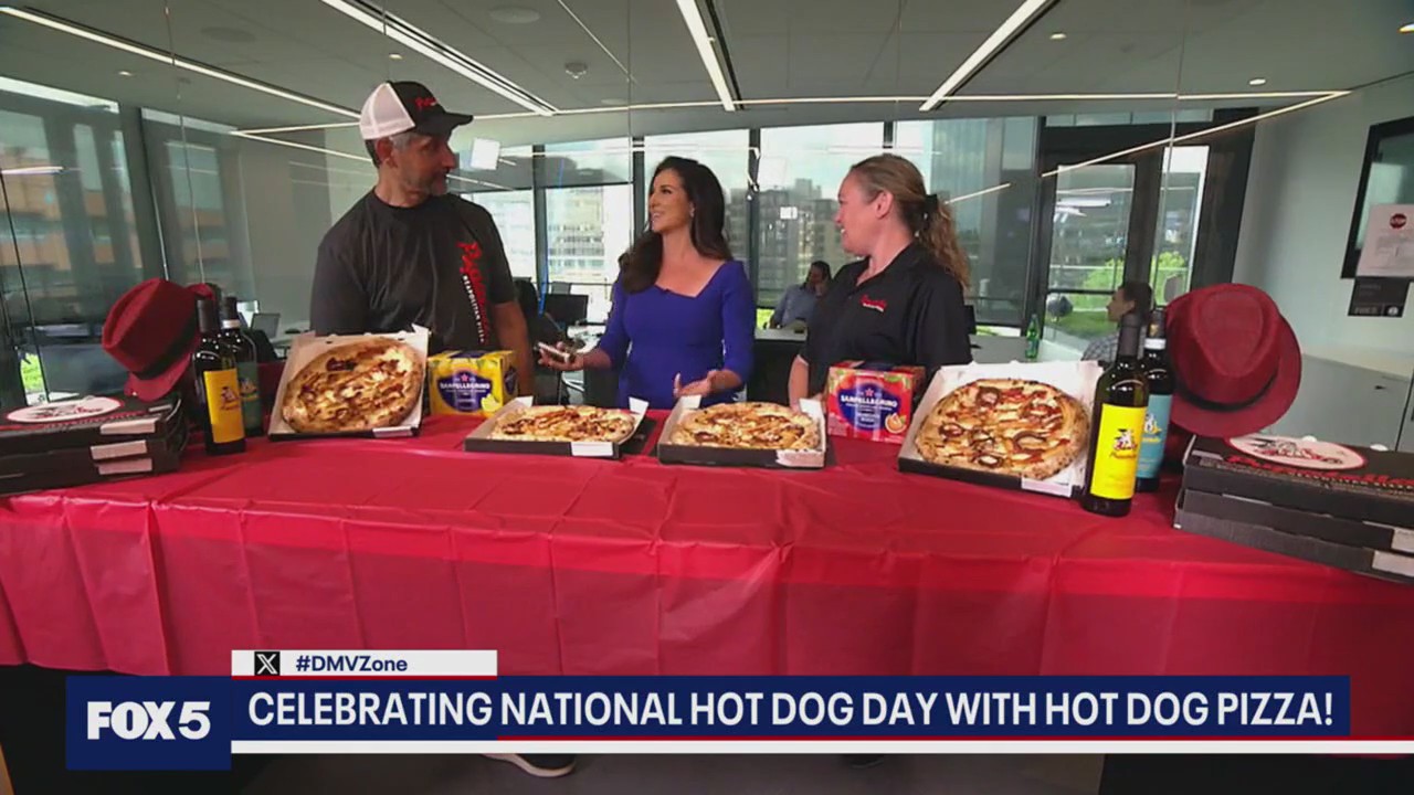 Celebrating National Hot Dog Day with hot dog pizza