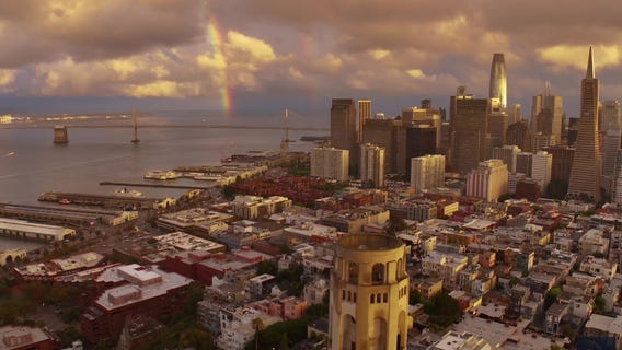 Double rainbow peeks through clouds over San Francisco's during storm