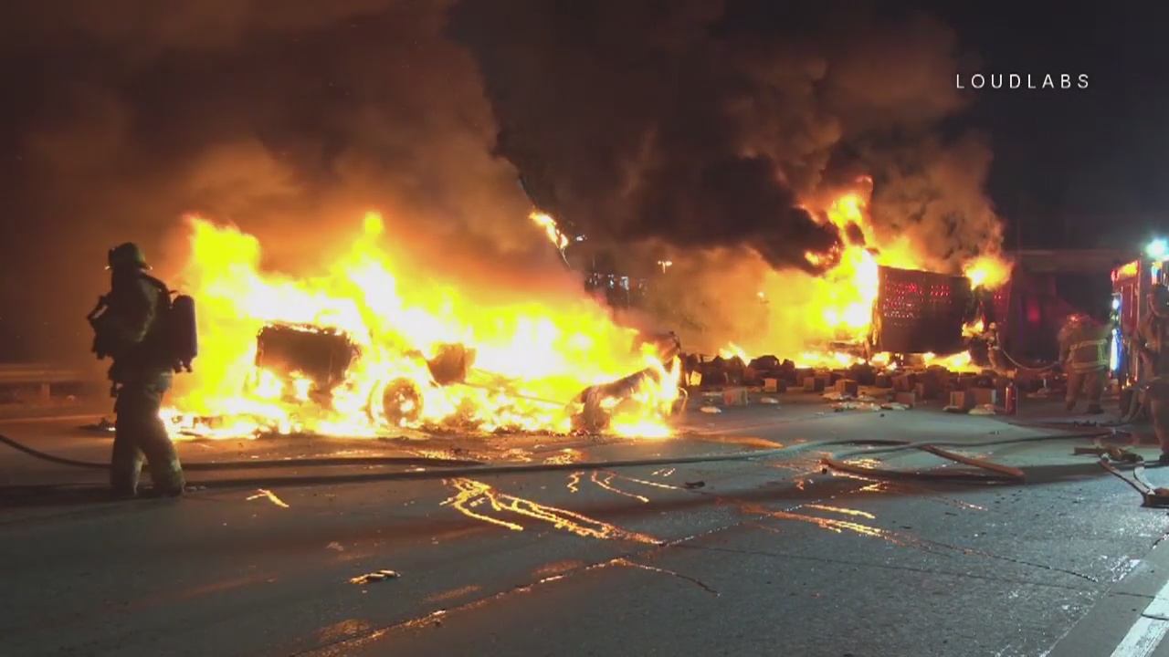 Southbound 5 Freeway shut down near Sun Valley after fiery big rig crash