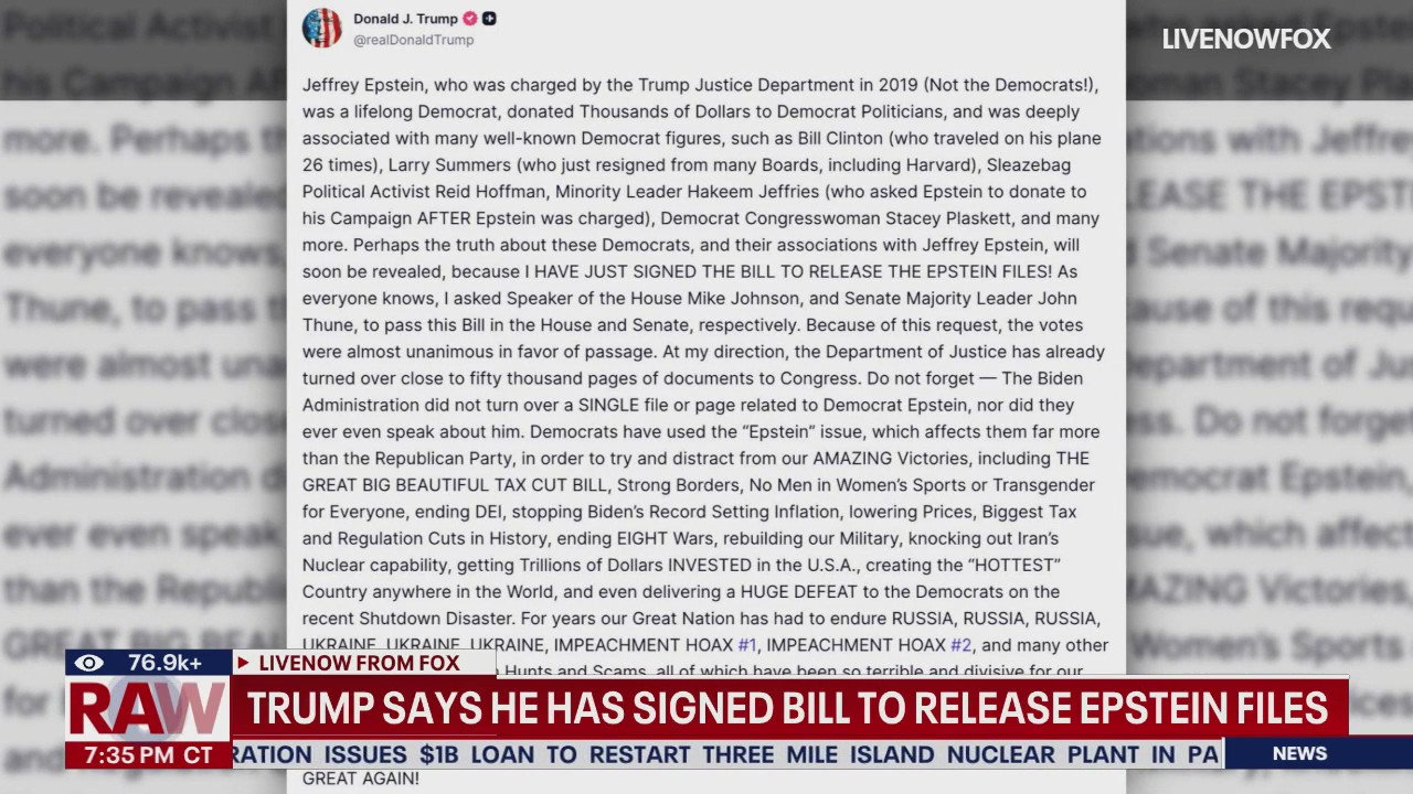 Trump says he has signed bill to release Epstein files