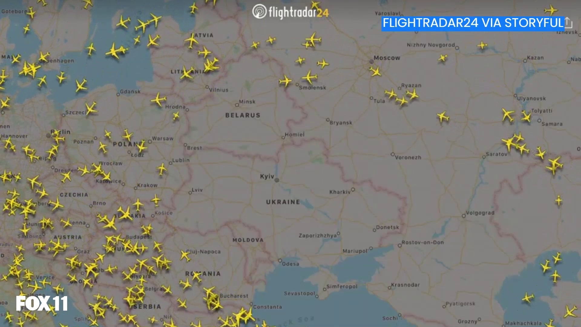 Flight radar imagery shows Ukraine closed off to civilian flights
