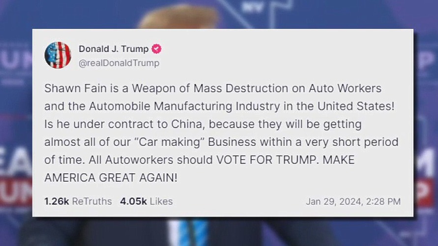 Trump warns against UAW's Shawn Fain after Biden endorsement
