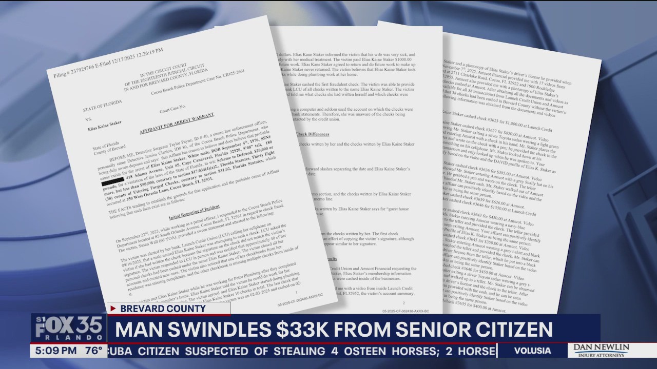 Man cashed 38 checks, stole $33K from Florida senior: Deputies