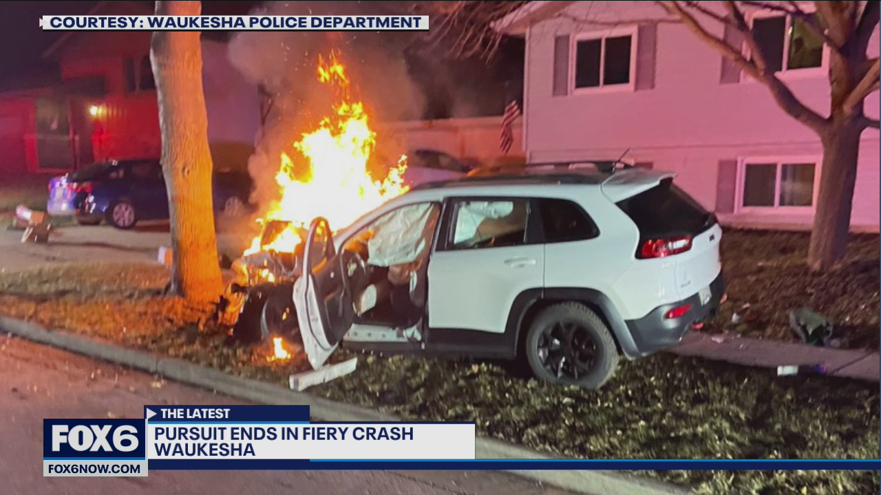 Waukesha pursuit ends in crash; vehicle catches fire, driver arrested