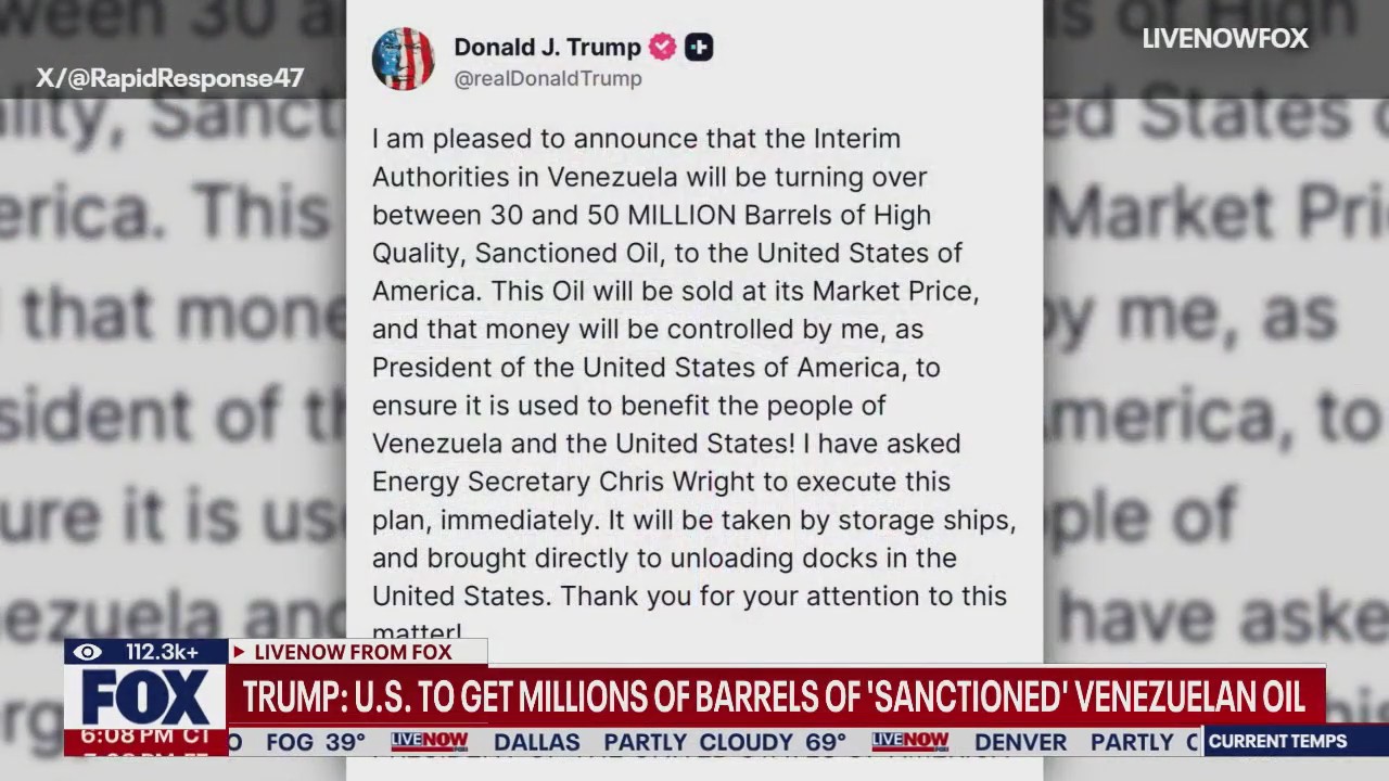 Trump: US to get 30-50 million barrels of oil from Venezuela