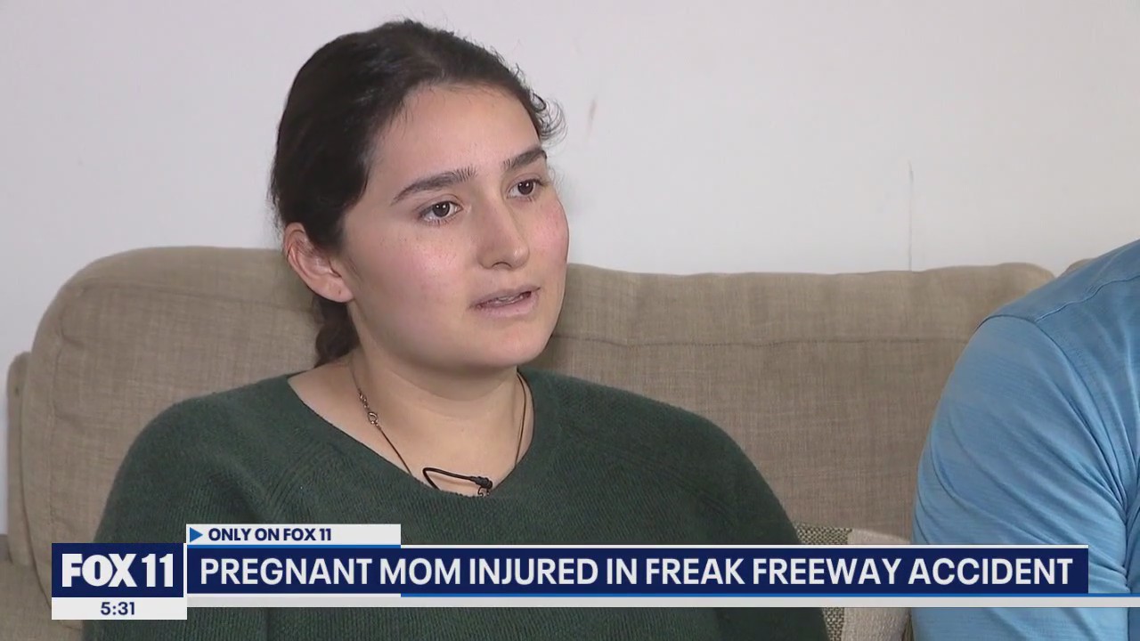 Pregnant mom survives freak freeway accident