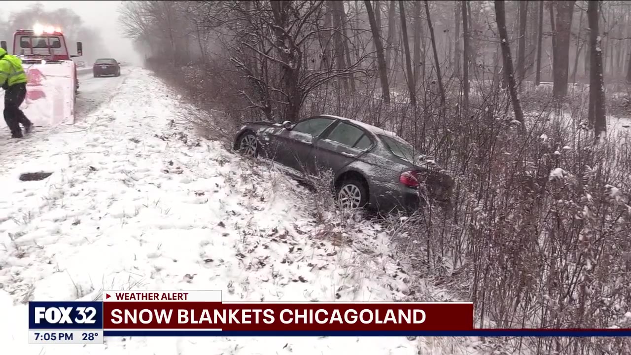 Cars in ditches due to heavy snowfall in Chicago area