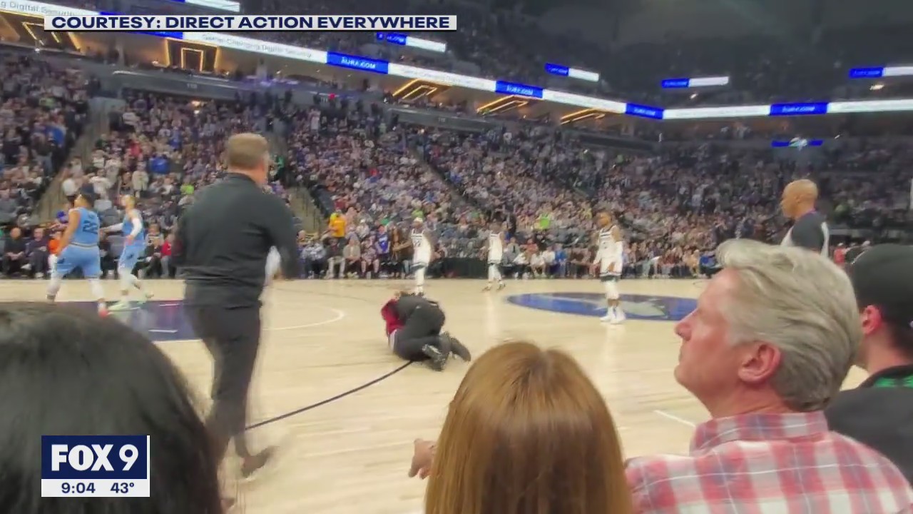 Security guard tackles another protester at Minnesota Timberwolves playoff game