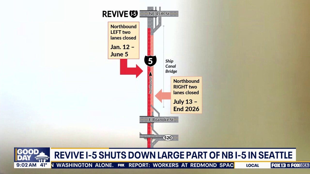 I-5 northbound closed through Seattle for weekend Revive I-5 work
