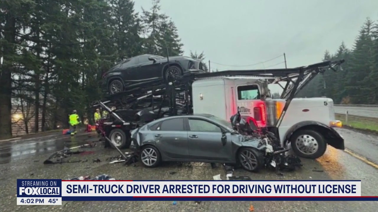 Semi driver without valid CDL arrested after crashing into school bus on I-5 in Lacey, WA