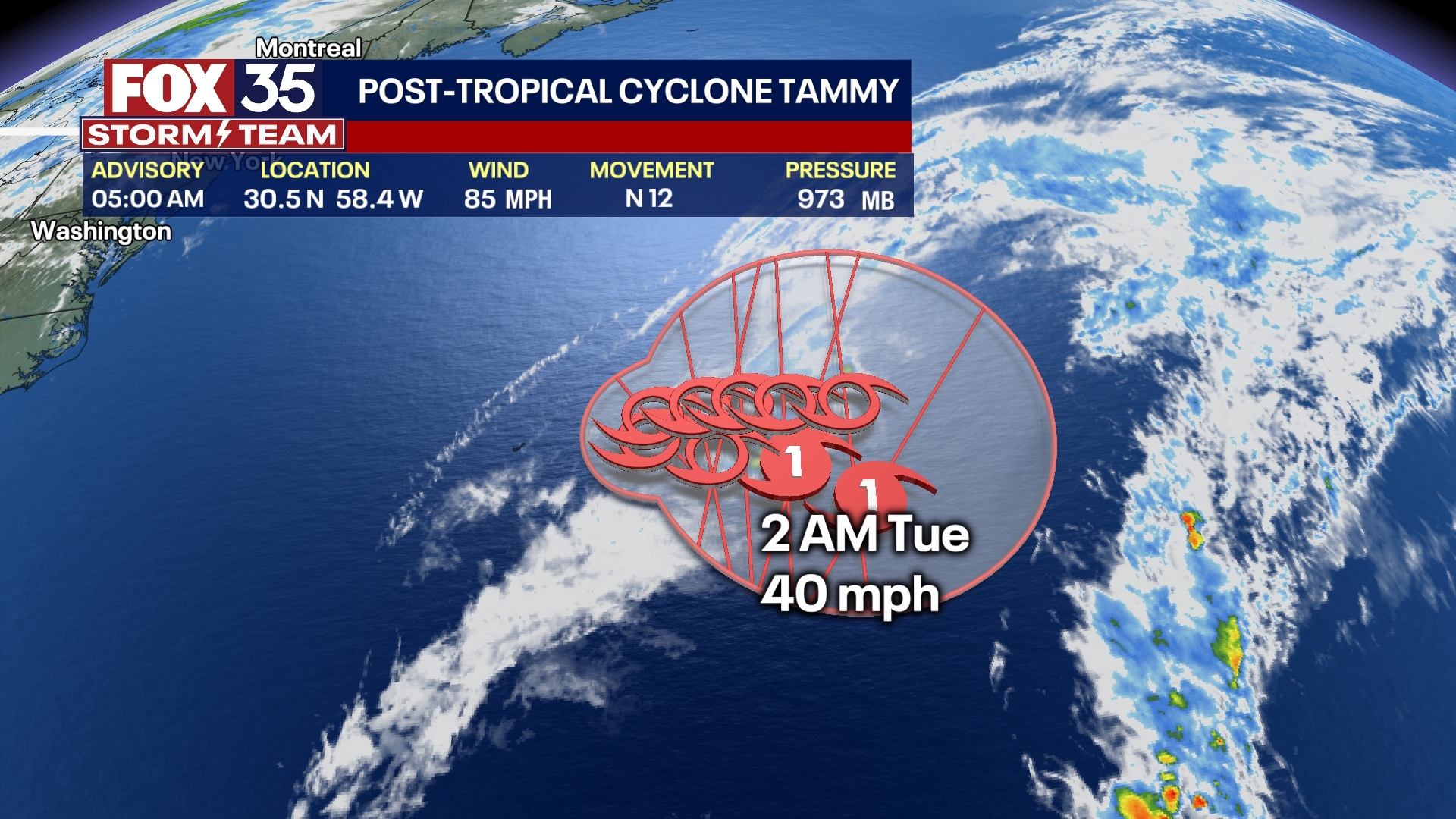Tammy turns post-tropical in the Atlantic