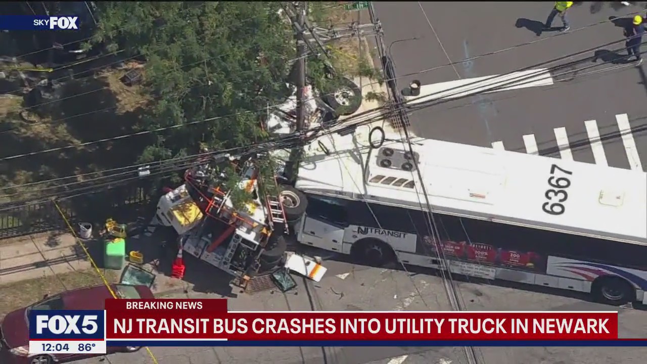 NJ Transit bus collides with utility truck in Newark