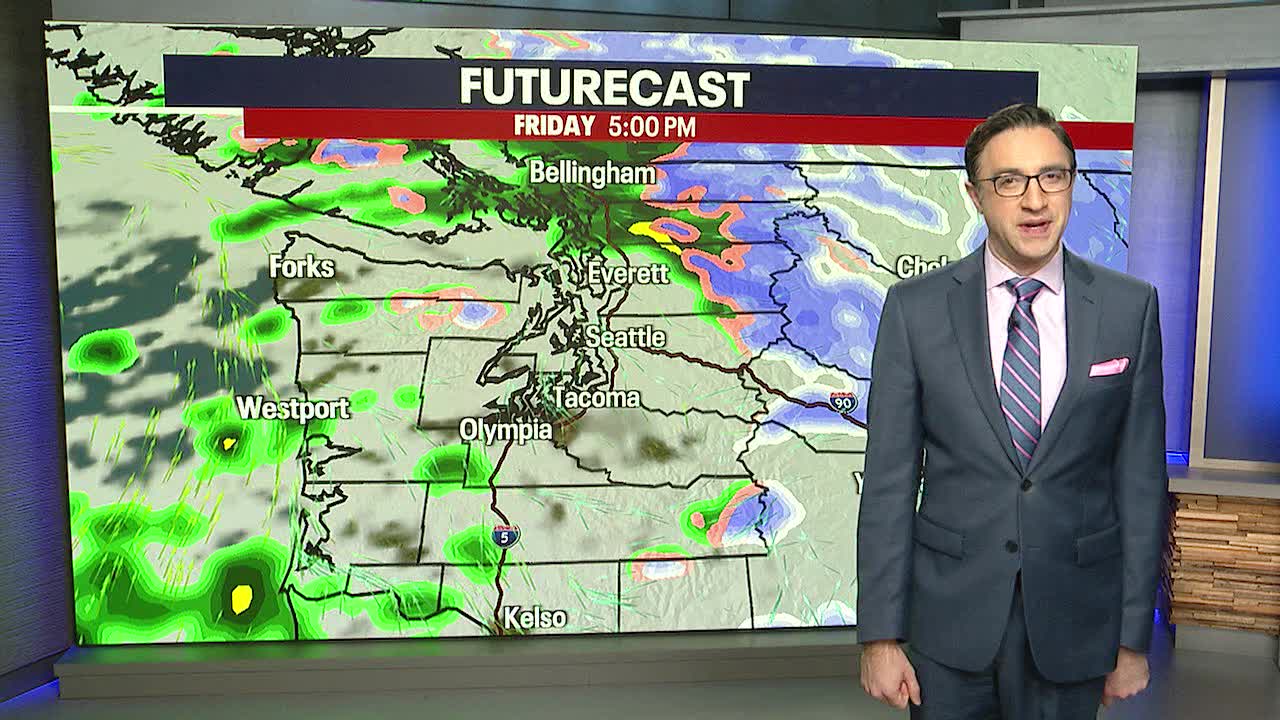 Rainy Friday in Seattle, winter weather advisory for Cascades