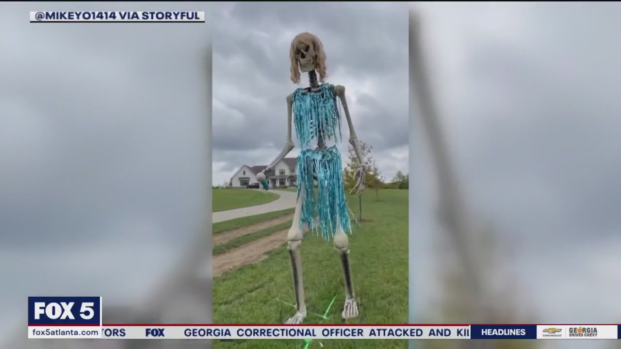 Giant Taylor Swift and Travis Kelce skeletons