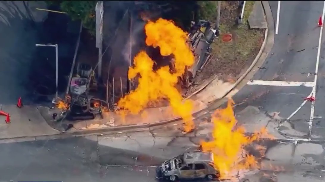 Gas line-fueled fire forces evacuations, road closures | FOX 5 Atlanta
