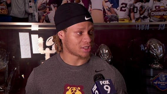Gophers safety Aidan Gousby talks football with Pierre Noujaim