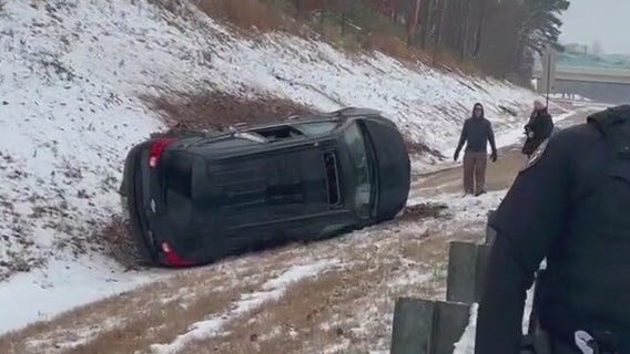 Car flips over on Hall County I-985