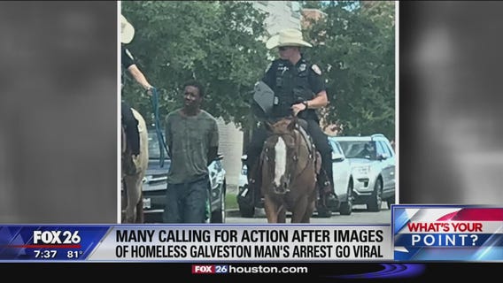 Galveston suspect led down the Strand tied with a rope by mounted officers