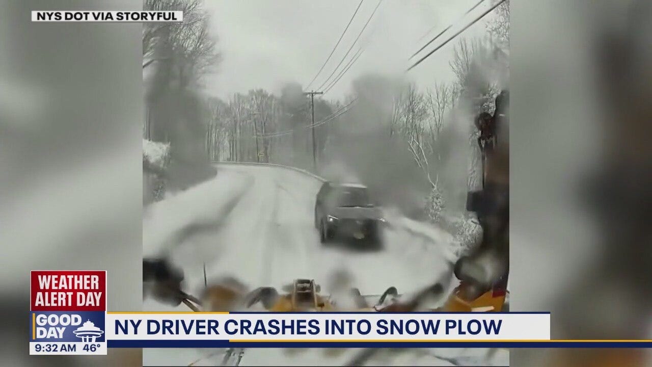 New York driver crashes into snow plow