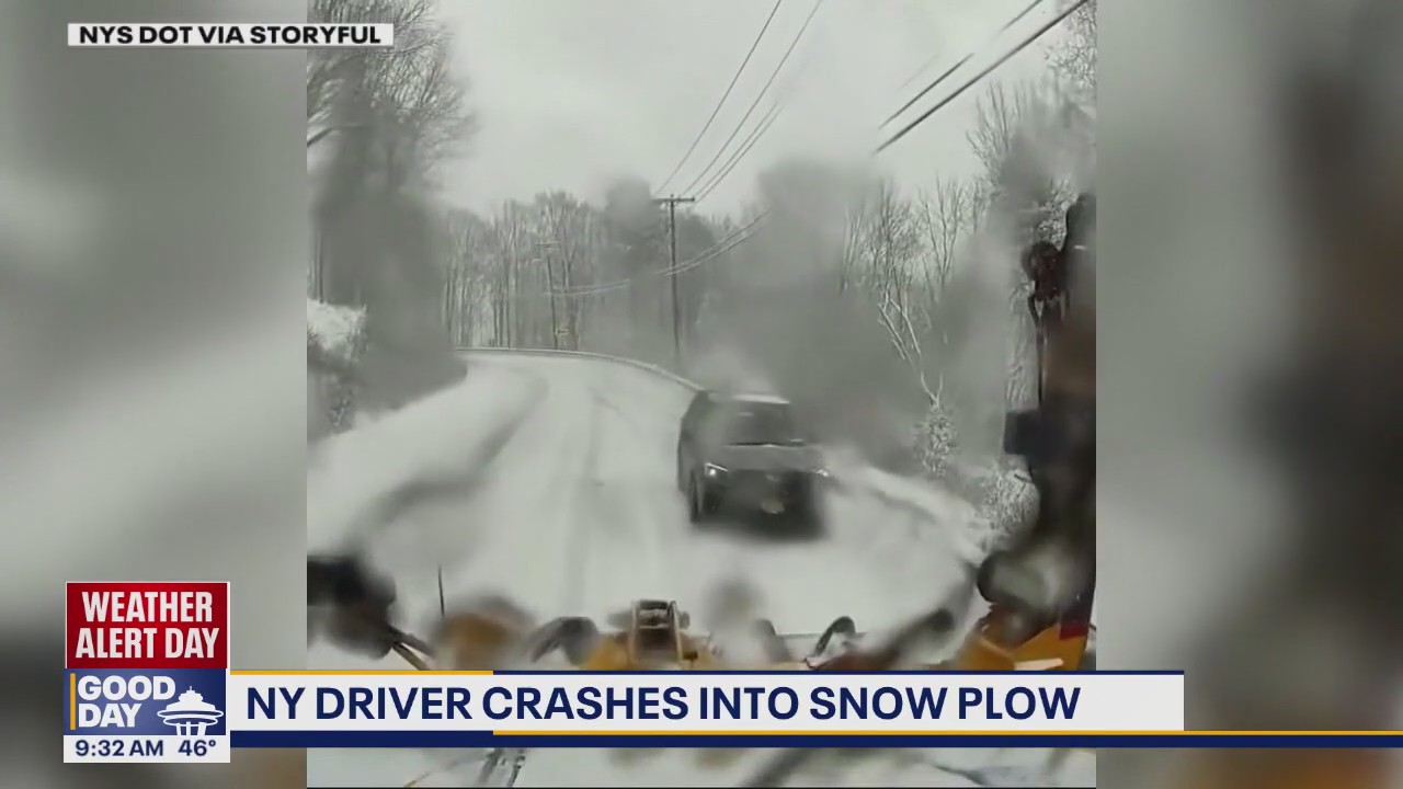 New York driver crashes into snow plow