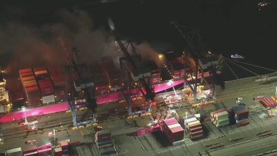 Massive fire burns on ship at Port of LA