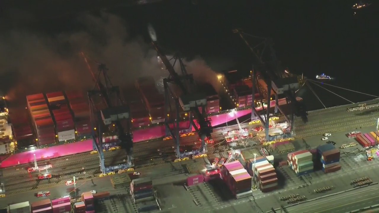Massive fire burns on ship at Port of LA