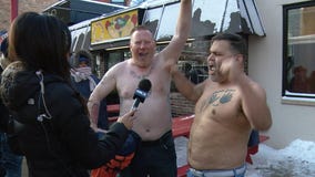 Fans brave the cold — and go shirtless — for free hot dogs at The Wieners Circle