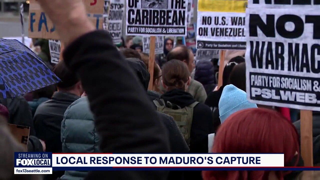 Seattle demonstrators react to airstrikes in Venezuela 