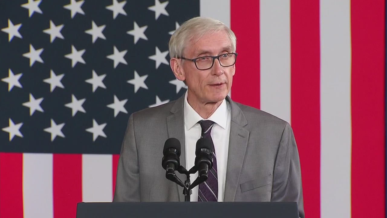 Gov. Tony Evers speaks ahead of President Biden during Superior, Wis. visit