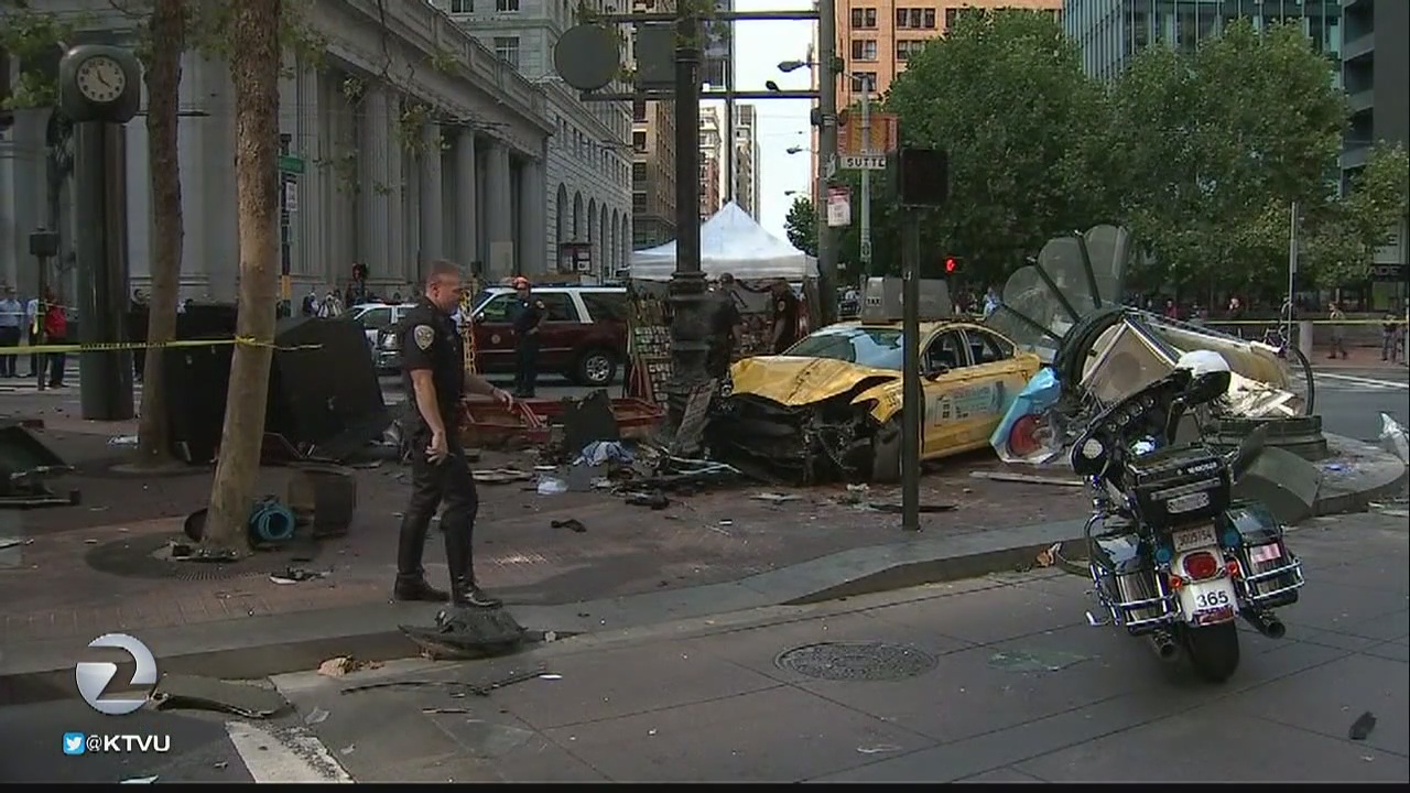 3 hurt when cab jumps curb in SF