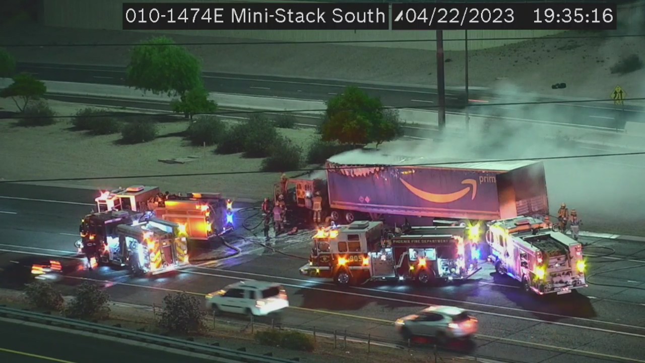Amazon semi truck catches fire on I-10 near downtown Phoenix