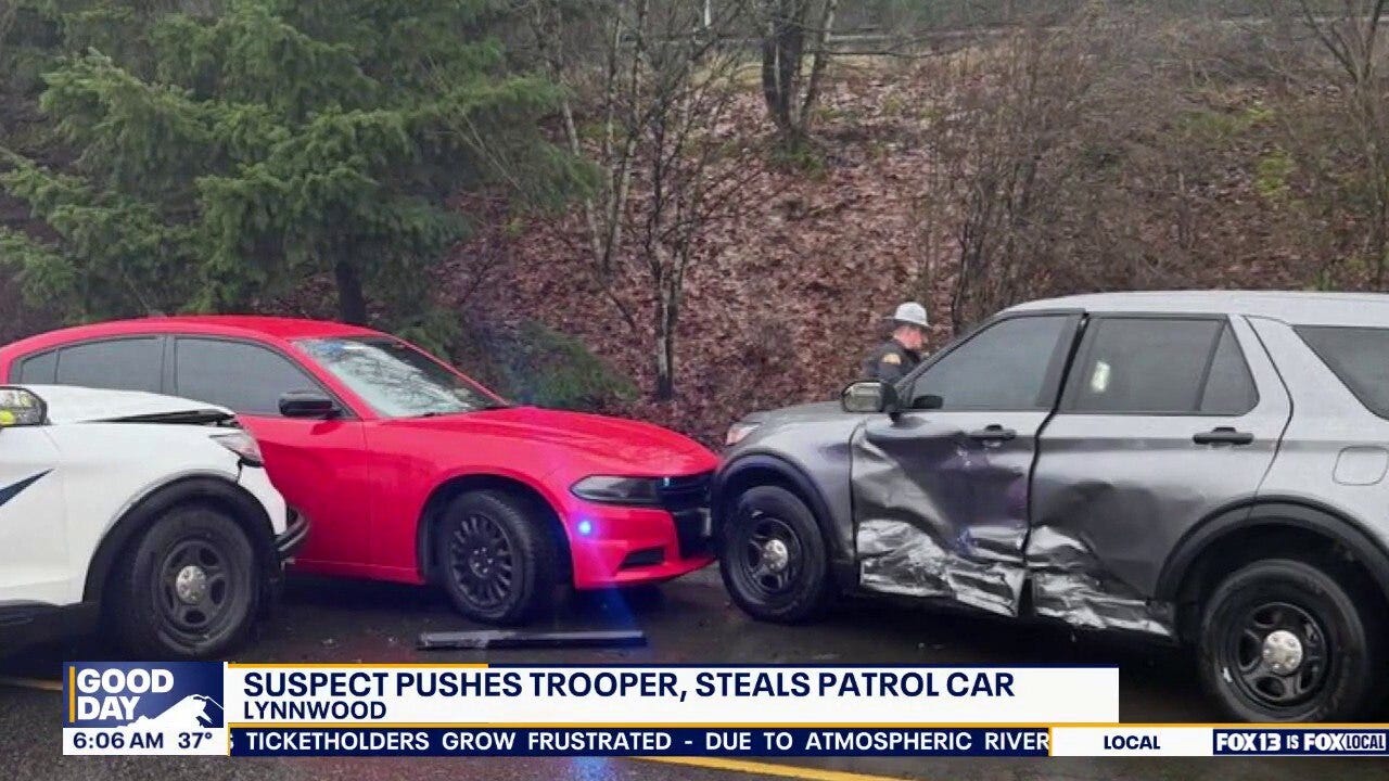 Suspect pushes WA trooper, steals patrol car