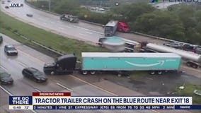 Car pinned after 2 tractor trailers crash on Blue Route in Plymouth Meeting