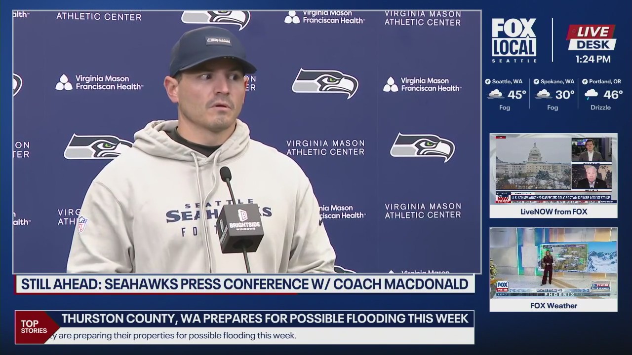 Seahawks coach Mike Macdonald speaks to the media ahead of the Falcons game