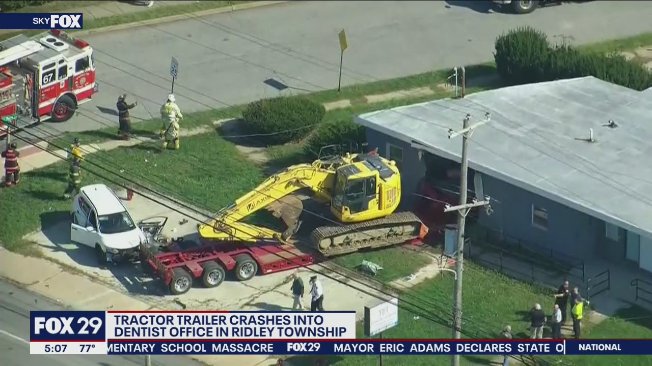 Tractor-trailer crashes into Ridley Twp. building after hitting 2 vehicles; 2 injuries reported