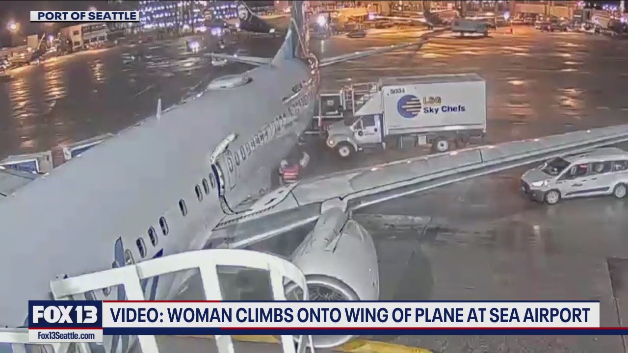 Video shows woman climb onto plane wing at SEA Airport