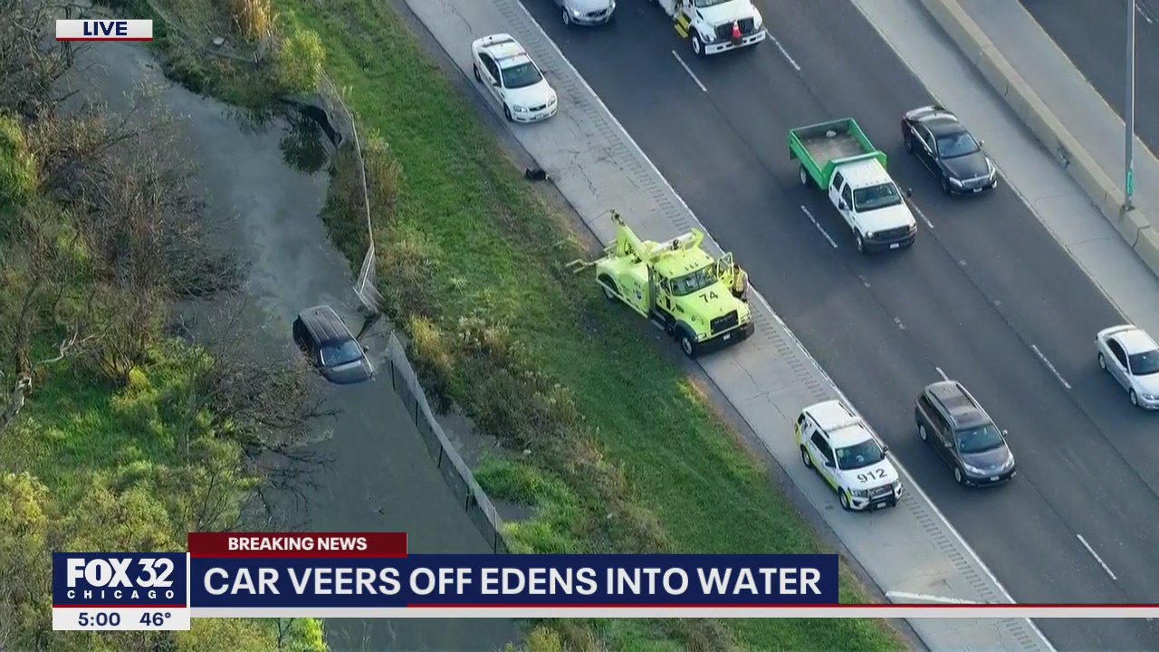 Car veers off Edens Expressway into water