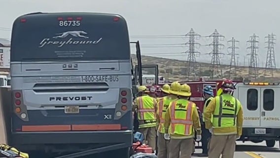 13 people injured following crash involving Greyhound bus on 10 freeway in Cabazon