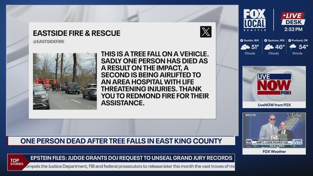 One dead, one injured after tree falls on car near Stillwater, WA