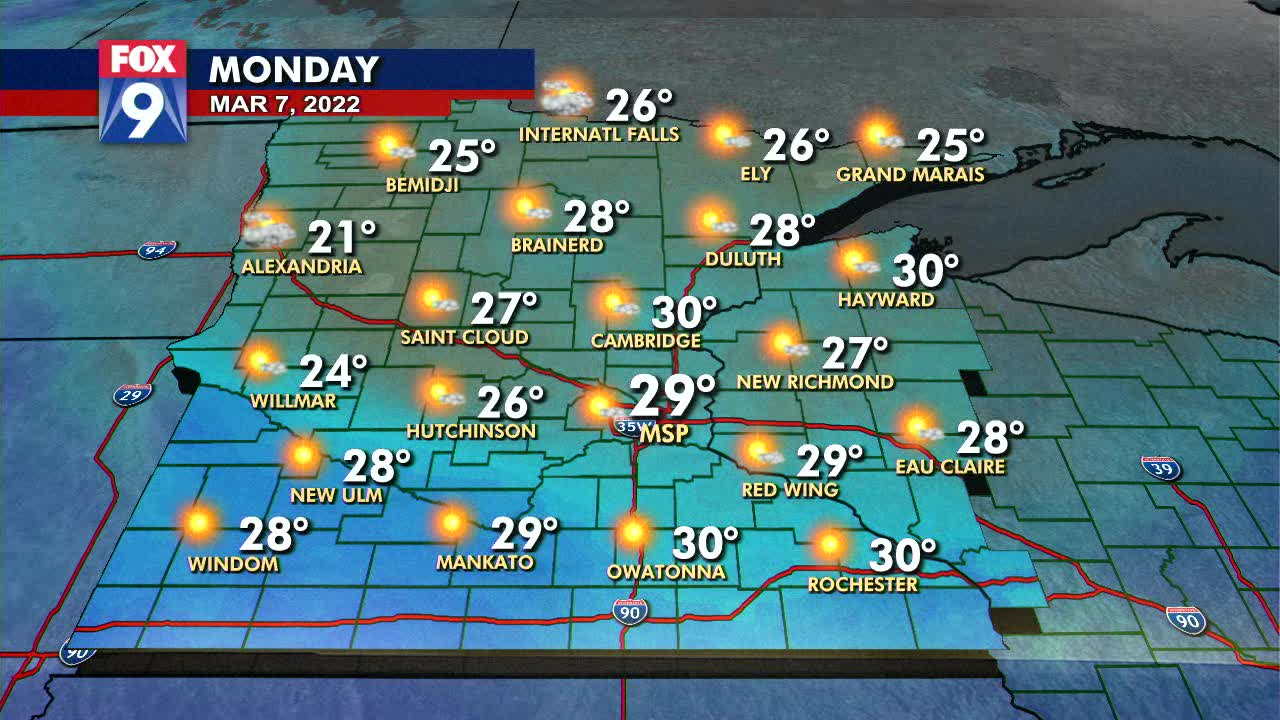 Monday's forecast: Sunny with a high around 29