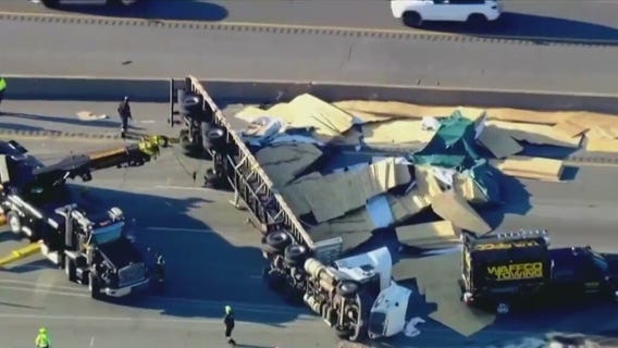 Rollover semi hauling 30K pounds of plywood blocks WB I-80/94