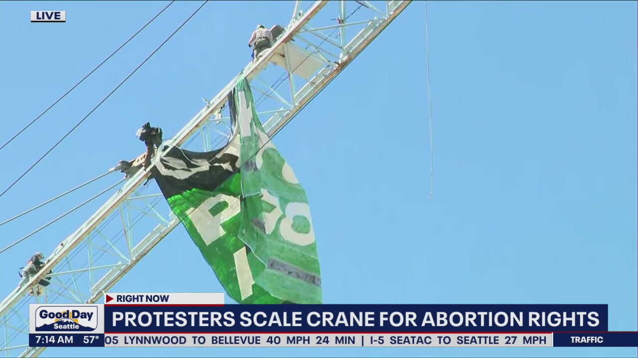 Pro-Choice protestors scaled a crane to hang a flag for abortion rights