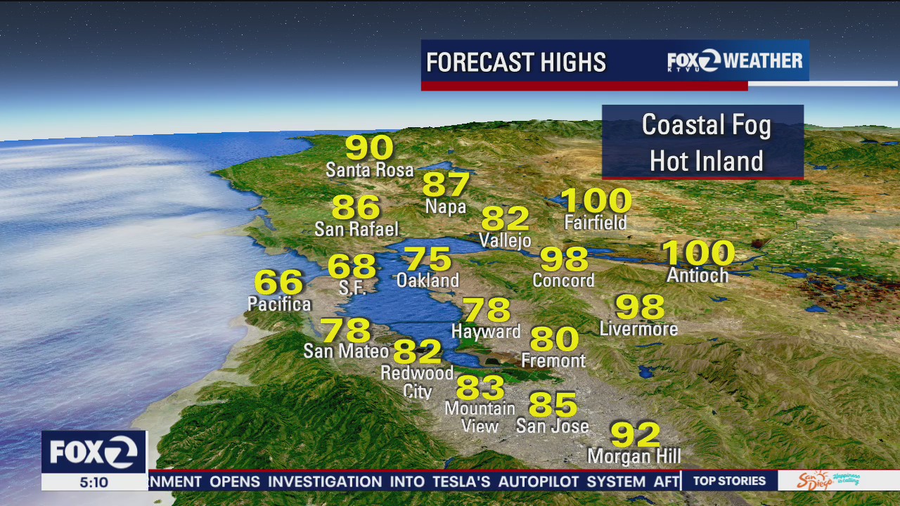 Coastal fog, hot inland