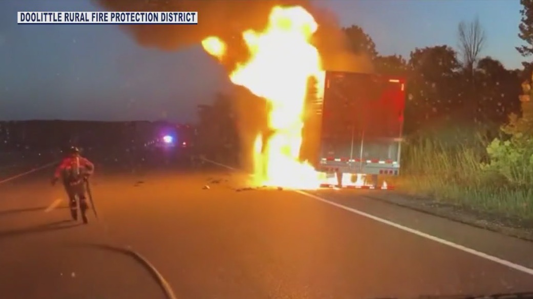 Semi carrying ribeye steak goes up in flames