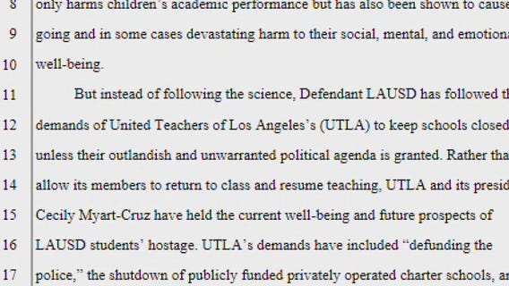 Parents file first of its kind personal injury lawsuit against UTLA, LAUSD over school closures