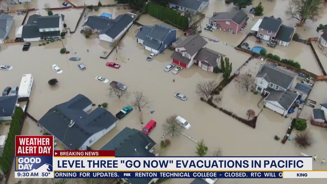 Drone video shows Pacific, WA neighborhood flooded after levee break