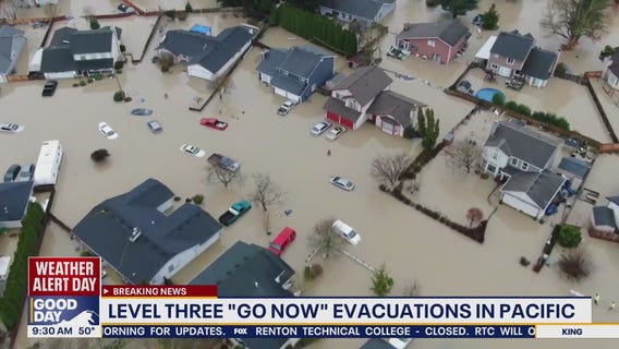 Drone video shows Pacific, WA neighborhood flooded after levee break