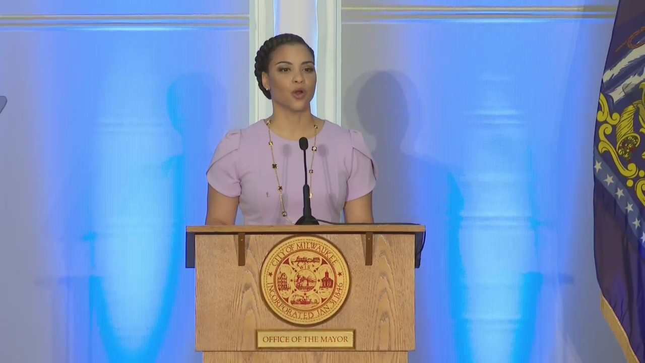 Dominique Johnson speaks after her husband, Cavalier Johnson, was sworn in as Milwaukee mayor