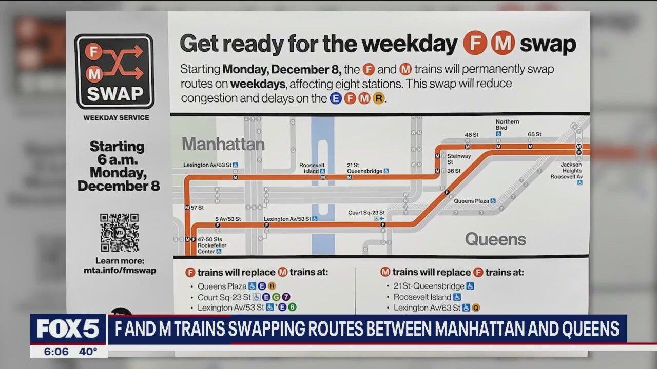 F and M trains to swap routes between Manhattan and Queens starting Monday